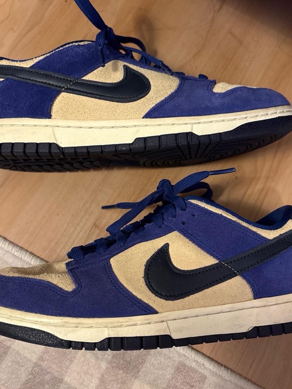 Nike Men’s Navy Blue and Beige Suede Dunk Lows